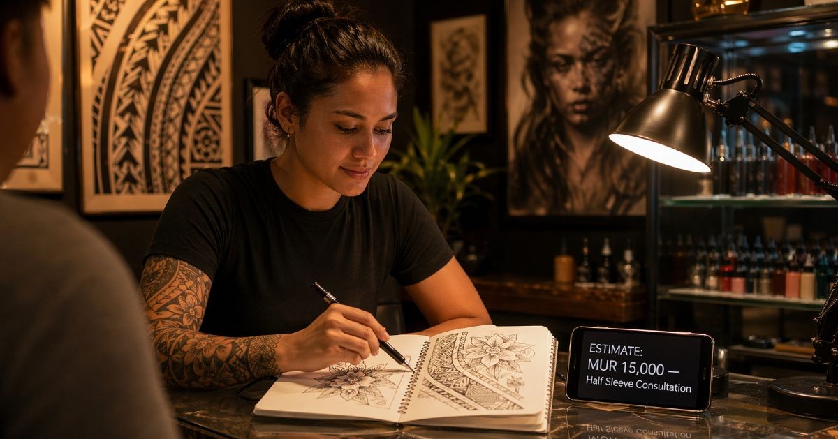 Tattoo artist Vicky Mannick designing a custom piece at Glamour Tattoo Studio, Grand Baie, Mauritius