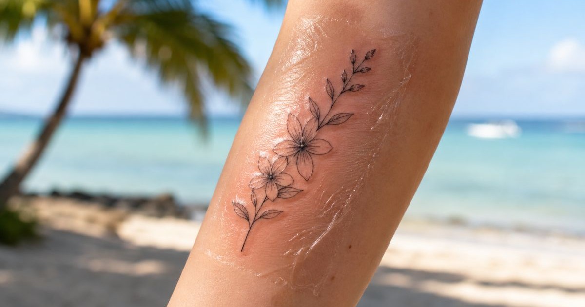 A freshly finished tattoo protected with second-skin film, a Mauritius beach softly out of focus behind