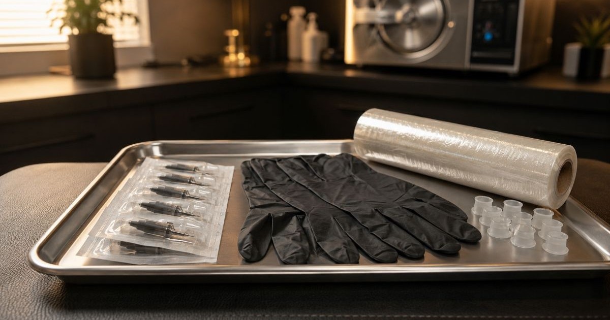 Sealed single-use tattoo needles and sterilised equipment laid out on a clean workspace at Glamour Tattoo Studio, Grand Baie, Mauritius