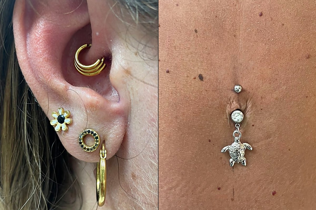 Piercings at Glamour Tattoo Studio, Grand Baie: gold hoops and studs in the ear lobe and cartilage, and a navel piercing with a turtle charm